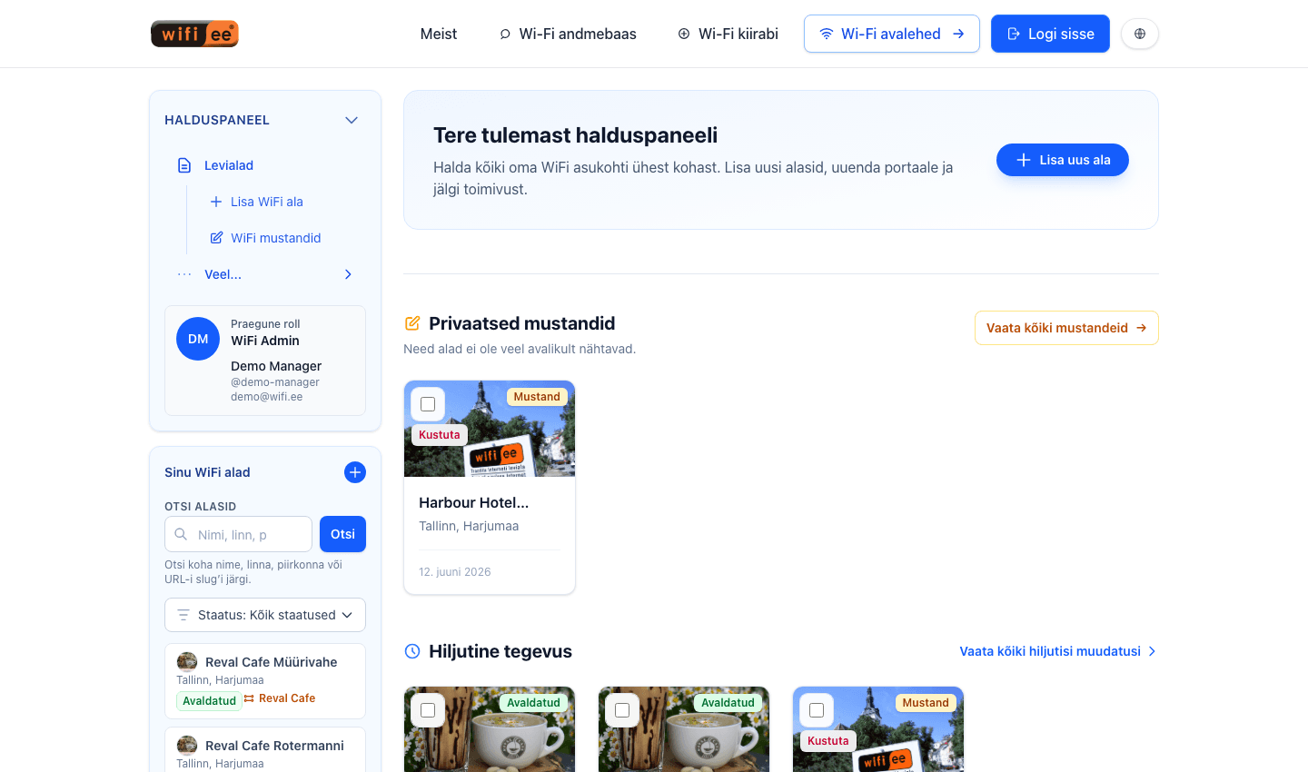 WiFi.ee halduspaneel kohvikute asukohtade ja mustanditega