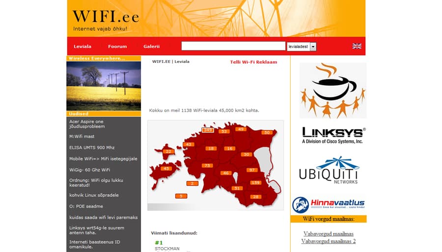 WiFi.ee homepage circa 2008, with a map of Estonia showing hotspot counts by county