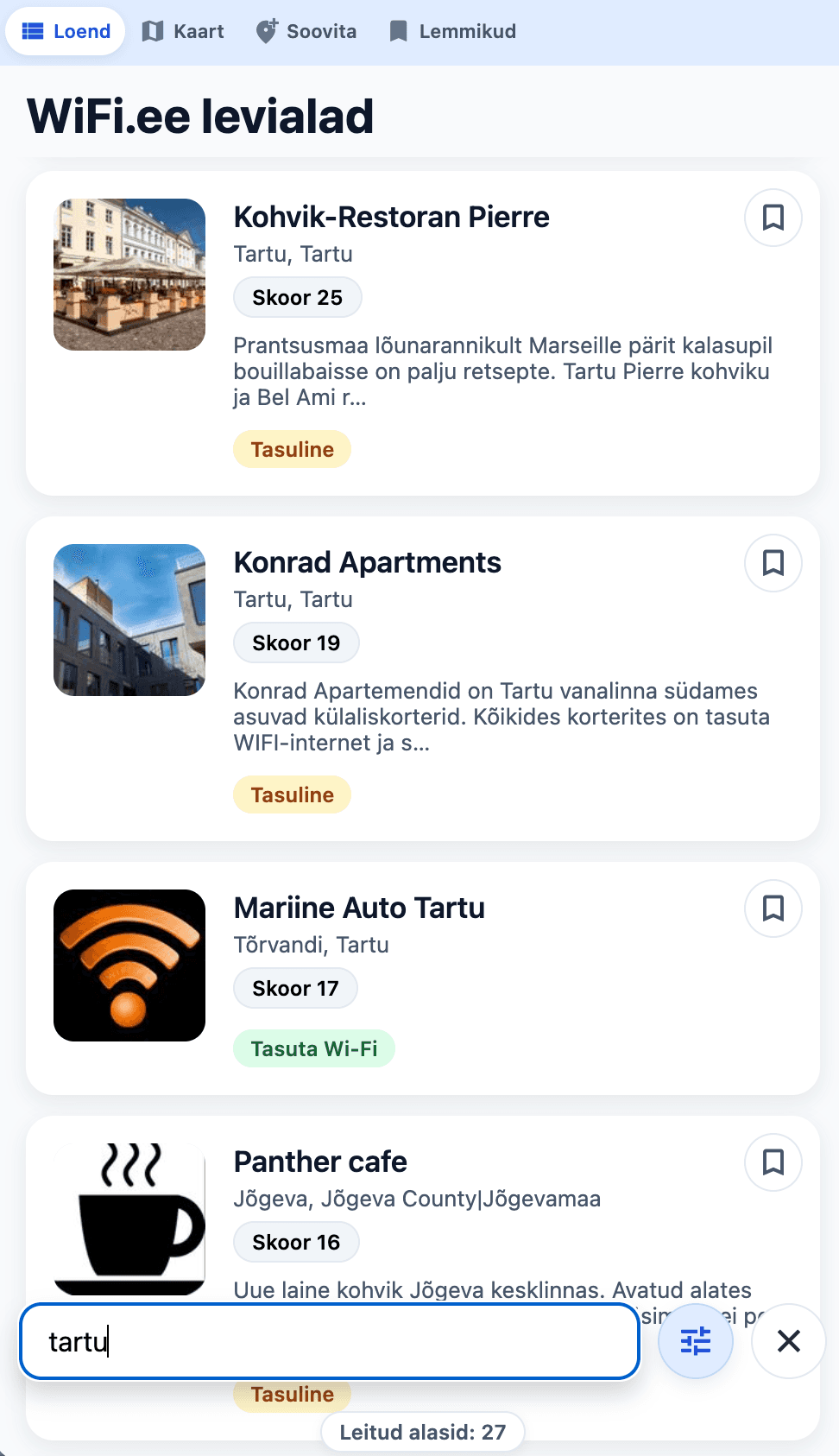 WiFi.ee mobiilirakenduse loendivaate ekraanipilt