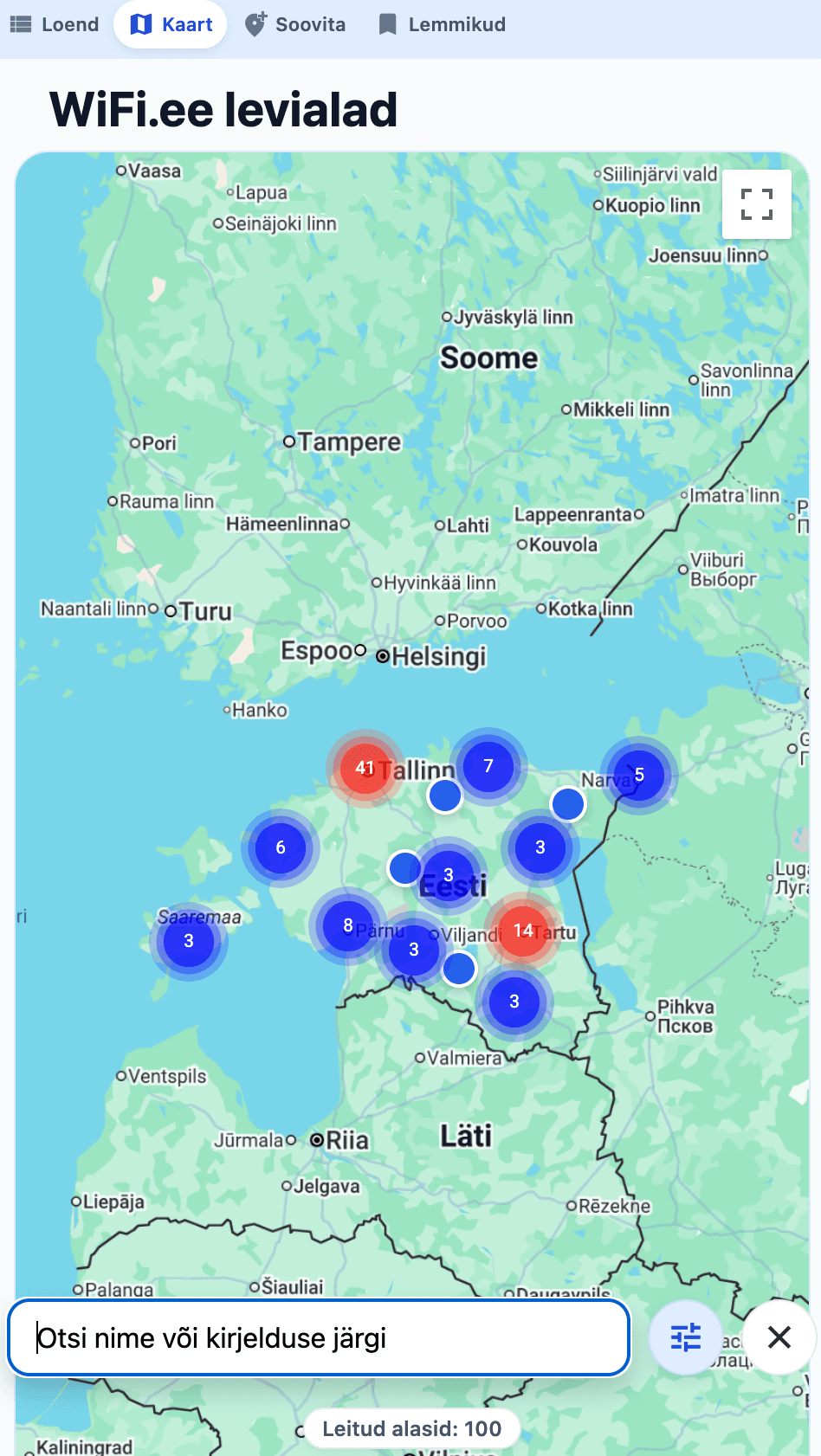 WiFi.ee mobiilirakenduse kaardivaate ekraanipilt